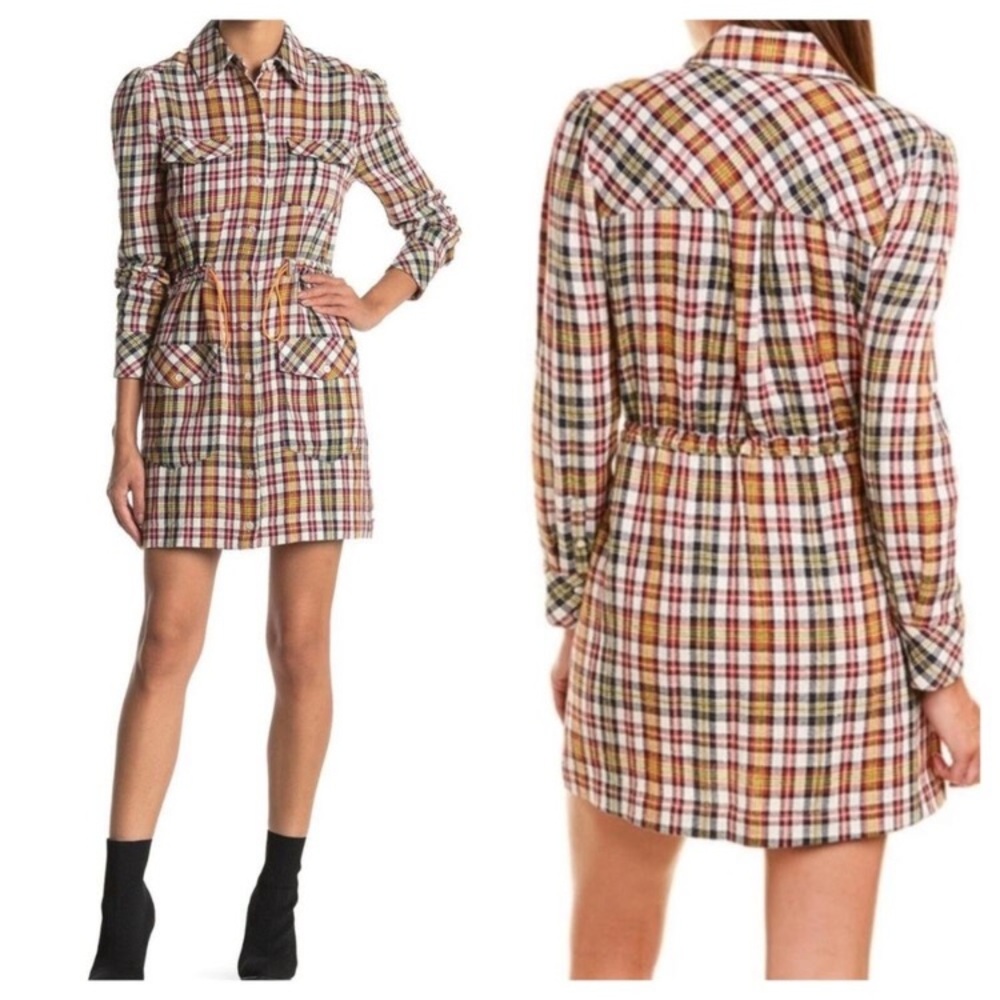 Veronica Beard Corinne Plaid Button-Up Shirt Dress Gray Yellow Red Size 4